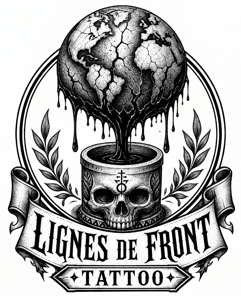 Logo de Lignes de Front Tattoo : la Terre craquelée qui saigne dans un crâne, entourée de lauriers